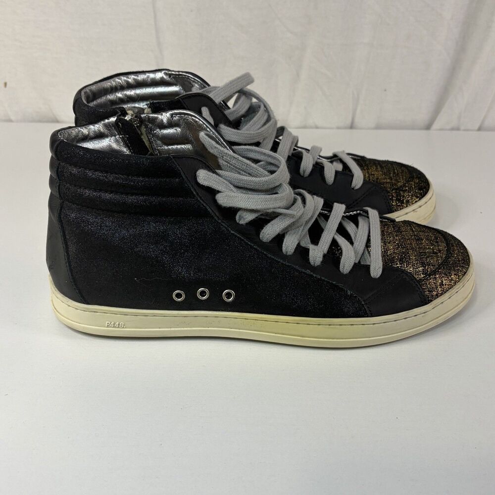 P448 High Top Sneakers Womens Size 41 US 10.5 Black Gold Metallic Suede